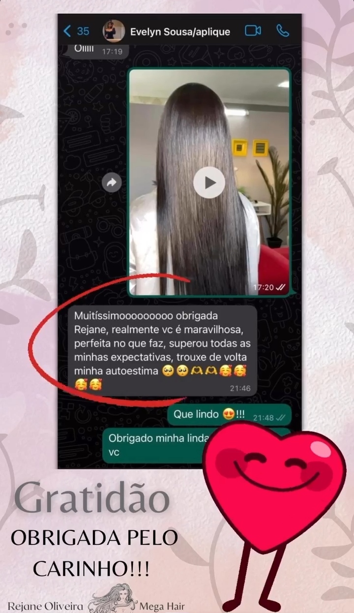 Cliente com mega hair liso longo e mensagem de gratidão