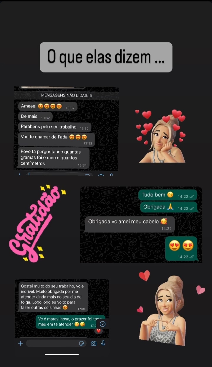 Conjunto de mensagens de clientes elogiando o mega hair