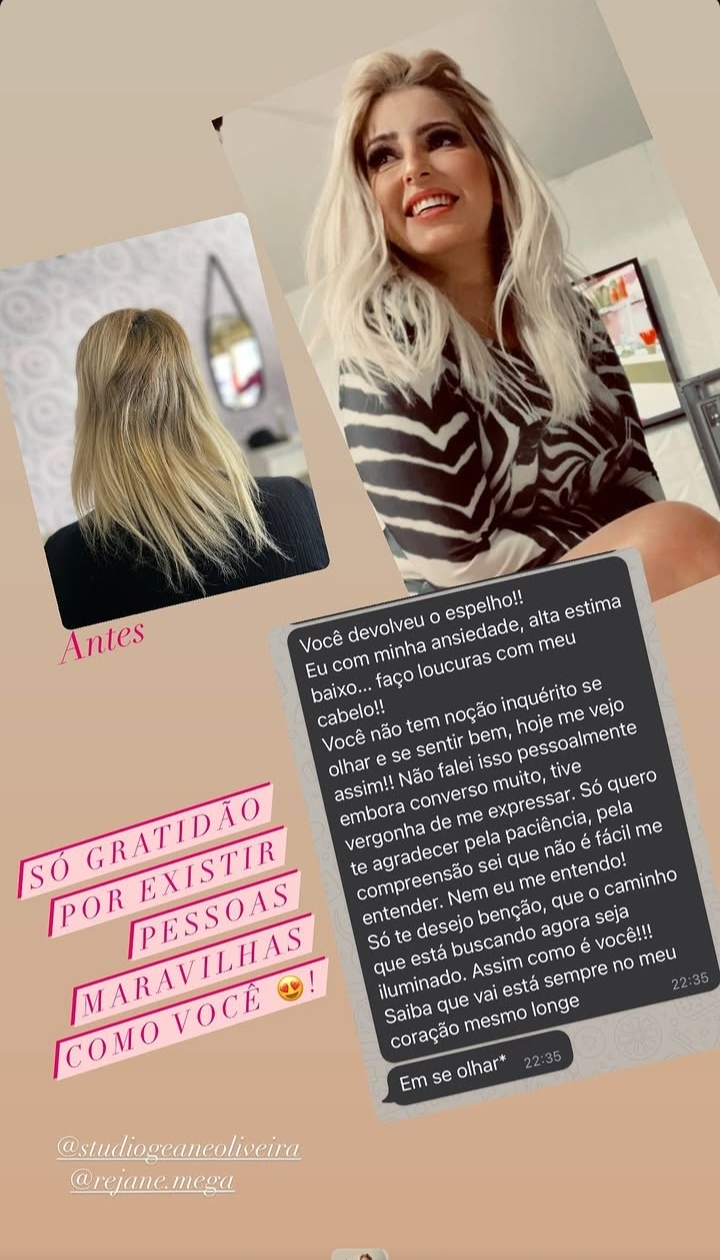 Antes e depois de cliente loira com mensagem sobre autoestima recuperada