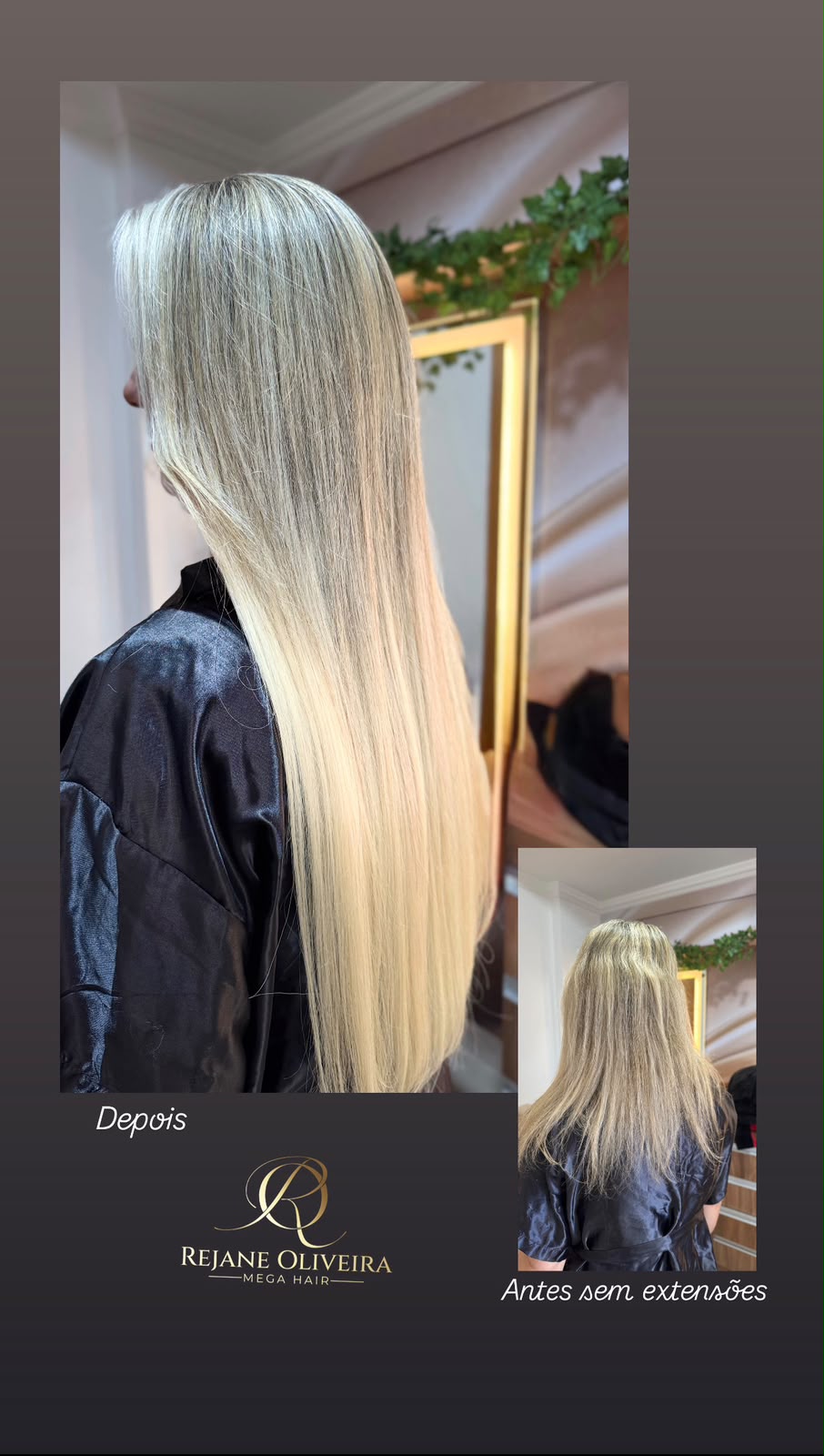 Antes e depois de mega hair loiro longo e liso
