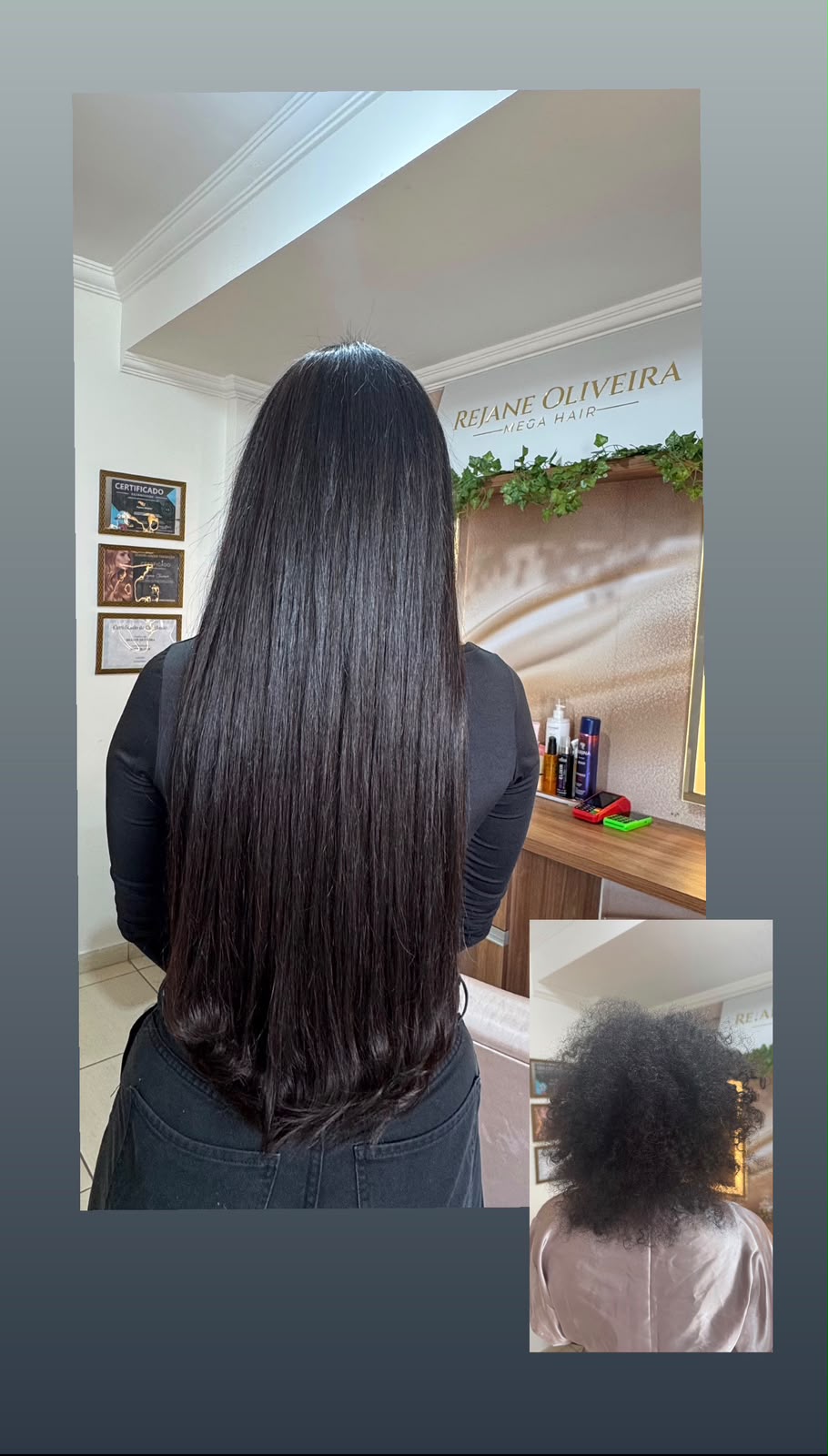 Antes e depois impactante de mega hair: cabelo curto crespo transformado em longo e liso