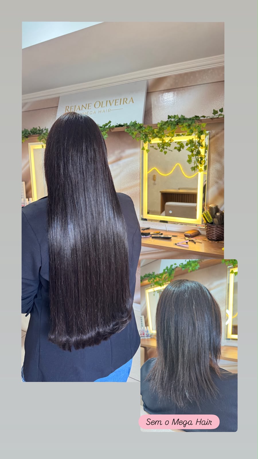 Antes e depois de mega hair liso castanho escuro no Rejane Oliveira Mega Hair