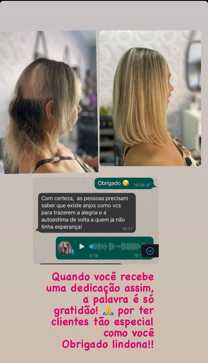 Antes e depois de cobertura capilar com mensagem de gratidão